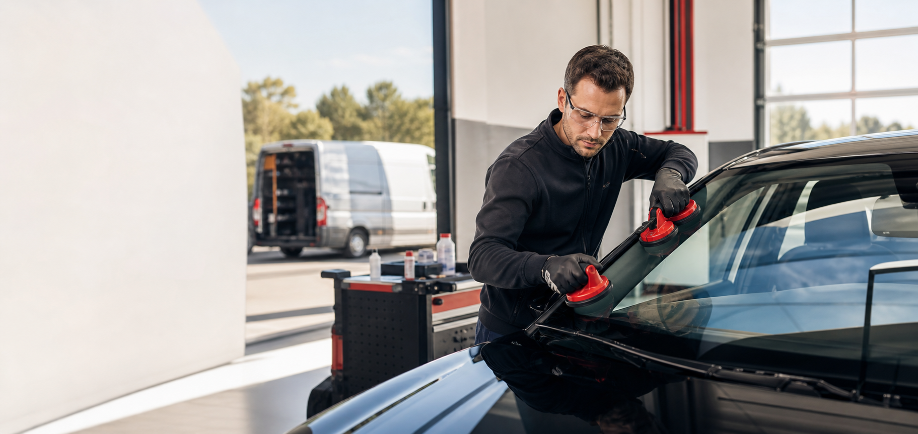 Autoglas-Techniker arbeitet an einer Windschutzscheibe
